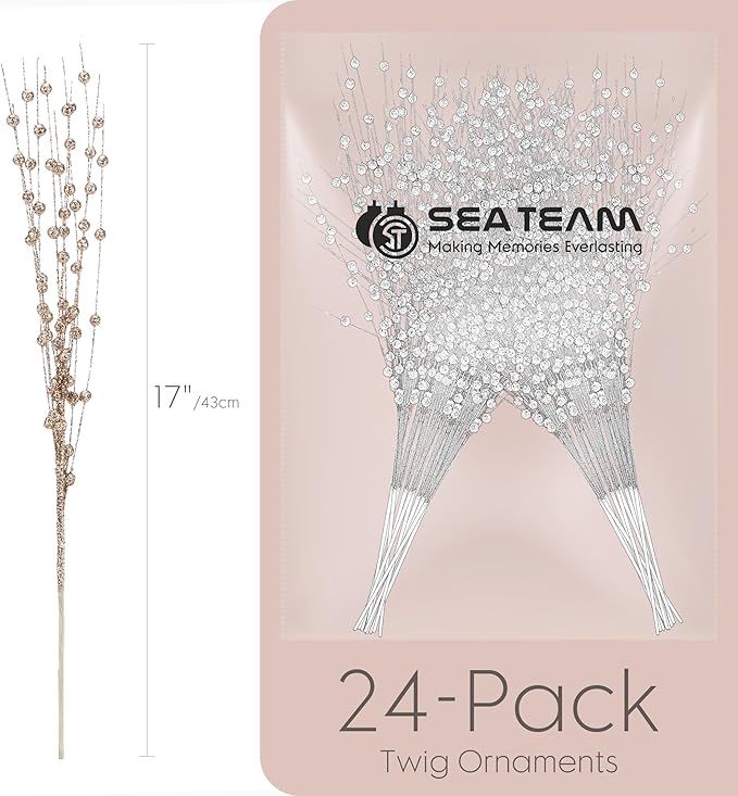 Sea Team 24-Pack Artificial Glitter Berry Stem Ornaments, Decorative Bead Sticks, Glittery Twigs, Picks, Branches for Christmas Tree, Small Vase, Holiday, Wedding, Party (17 Inches, Rose Gold)