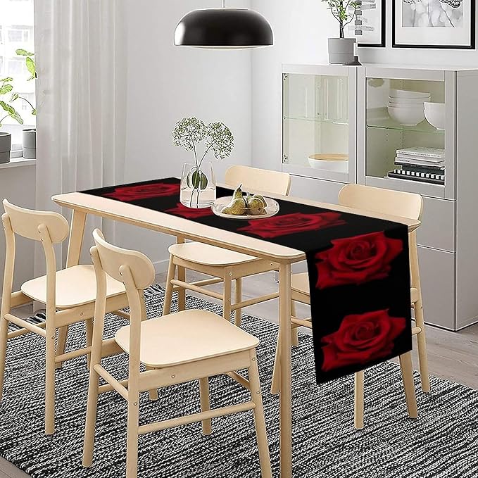 Red Rose Table Runner,Romantic Flower Black Table Runner for Indoor Outdoor Holiday Home Wedding Party 13x90 Inch