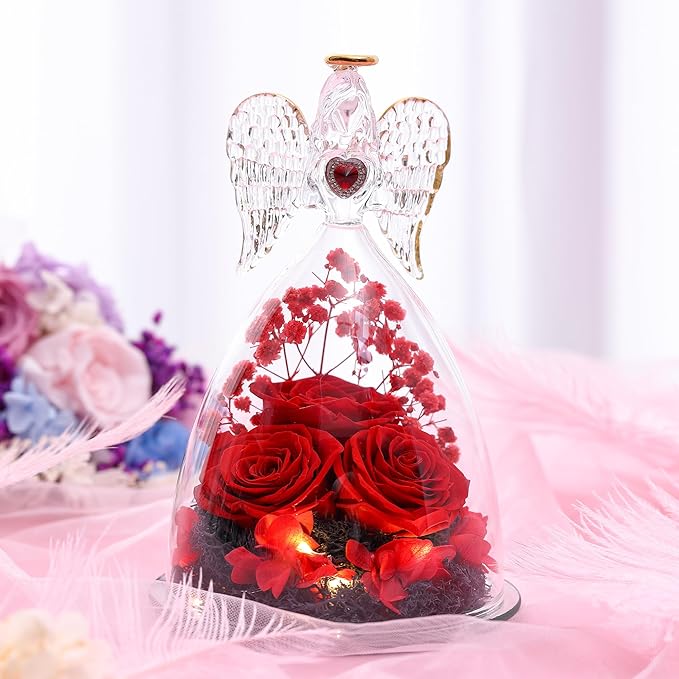 Mothers Day Rose Gifts for Women, Large Angel Figurines with Real Roses, Preserved Real Flower Rose for Her - Red