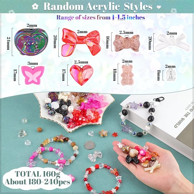 Assorted 210-270PCS Acrylic Beads for Bracelet Making, Bow Candy Heart Gummy Bear Kawaii Bracelet Charms,Cute Beads for Jewelry Making DIY Necklace Keychain Phone Charm Christmas Gift
