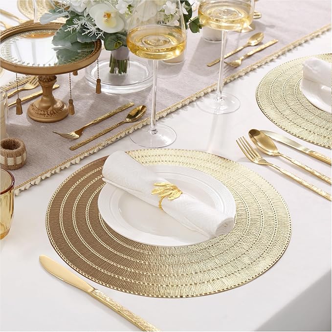 Gold Placemats Set of 6-15 Inch Round PVC Table Mats, Heat-Resistant & Waterproof Washable Place Mats for Dining Table, Elegant Metallic Decor for Holiday Dinner Party Decorations