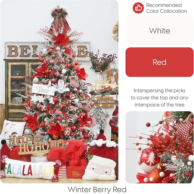 Sea Team 24-Pack Artificial Glitter Berry Stem Ornaments, Decorative Bead Sticks, Glittery Twigs, Picks, Branches for Christmas Tree, Small Vase, Holiday, Wedding, Party (17 Inches, Red)