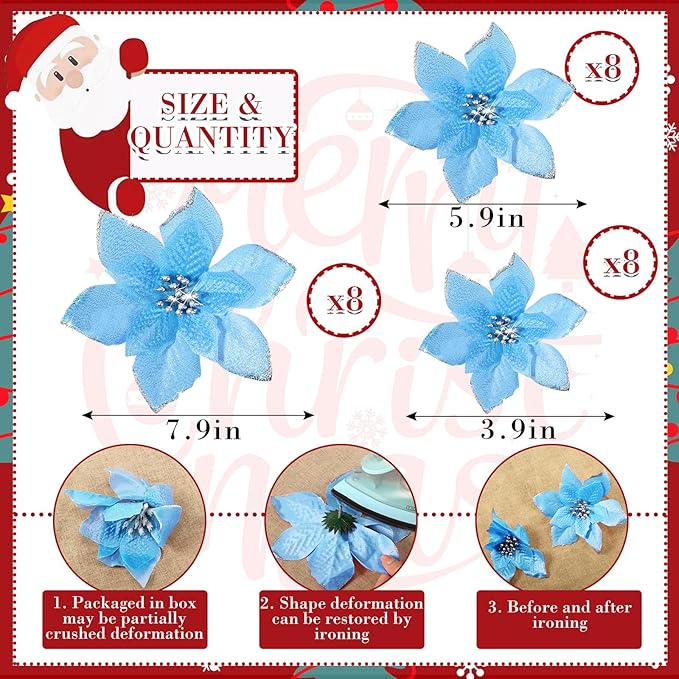 WILLBOND 24 Pcs 3 Size Poinsettia Flower Artificial Christmas Decor Glitter Poinsettia Christmas Ornaments Faux Flowers for Xmas Tree Outdoor(4/6/7.9 Inches,Lake Blue)