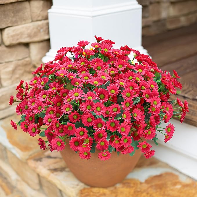 Daisy Artificial Flowers for Outdoors Summer Fall Decor, 6 Bundles Fake Mums Silk Flowers for Outside Look Real UV Resistant Fake Plants Faux Flowers for Planter Front Door Home Indoor Porch, Hot Pink