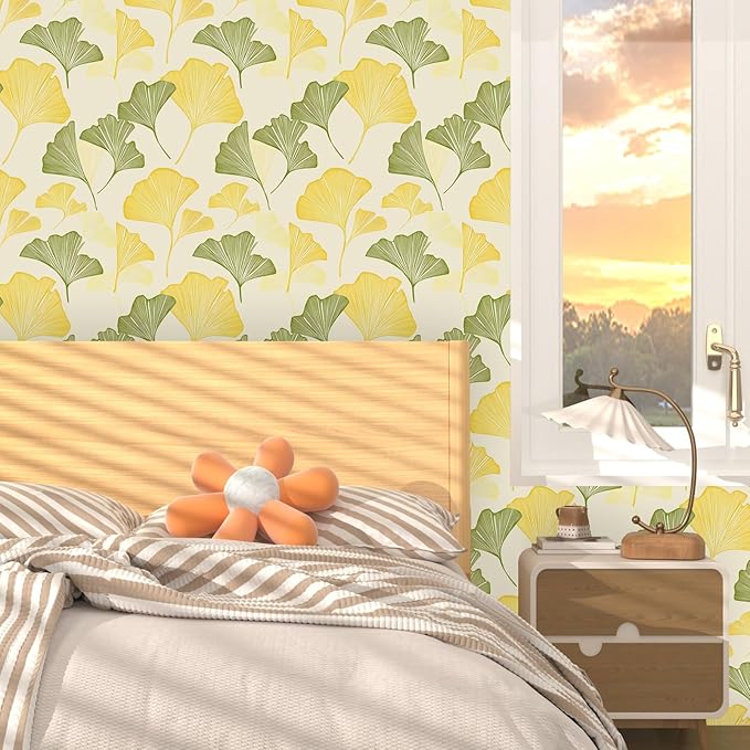 Gingko Wallpaper Peel and Stick, Yellow/Green Leaf Contact Paper, Vintage Autumn Botanical Leaves Wall Paper 17.5" x 118" Self Adhesive Removable Waterproof for Bedroom Shelves Cabinet Drawer Table