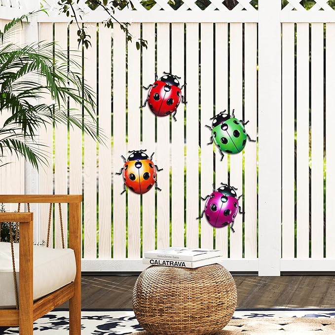 ULENDIS 4 PCS Cute Metal Ladybugs Wall Art Decor, 6.3 Inch Large Outdoor Wall Art Patio Fence Decorations, Colorful Yard Art Lawn Ornaments for Backyard Balcony