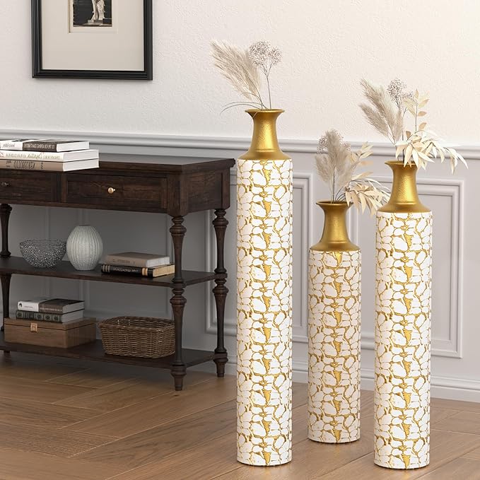 Tall Floor Vase Set of 3 - Oversized Modern Vintage Metal Vases for Living Room Decor, Gold Decorative Large Vases for Corner and Hallway