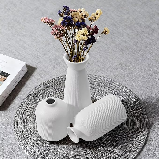 Christmas White Ceramic Flower Vases Set of 3, Large Xmas Gift Vases with Vertical Stripe Texture, Modern Decorative Vases for Dried Flowers, Home Decor for Living Room Bedroom Kitchen Shelf