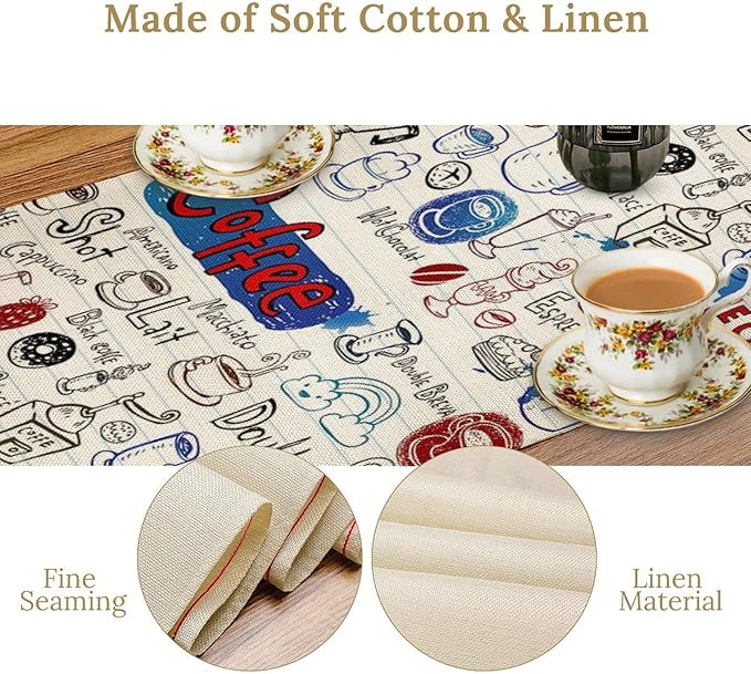 Coffee Theme Table Runner Coffee Time Retro Farmhouse Dinner Runner for Kitchen Dining Coffee Table Decoration Cabin Home Holiday Party 13x70in