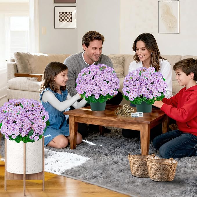 Artificial Handmade Geraniums With Flowers Scent Pots White Pink Purple Lavender Lifelike Faux Geraniums Bushes Fake Flowers for Wedding Party Home Office Indoor outdoor Plants Decor (Light Purple)