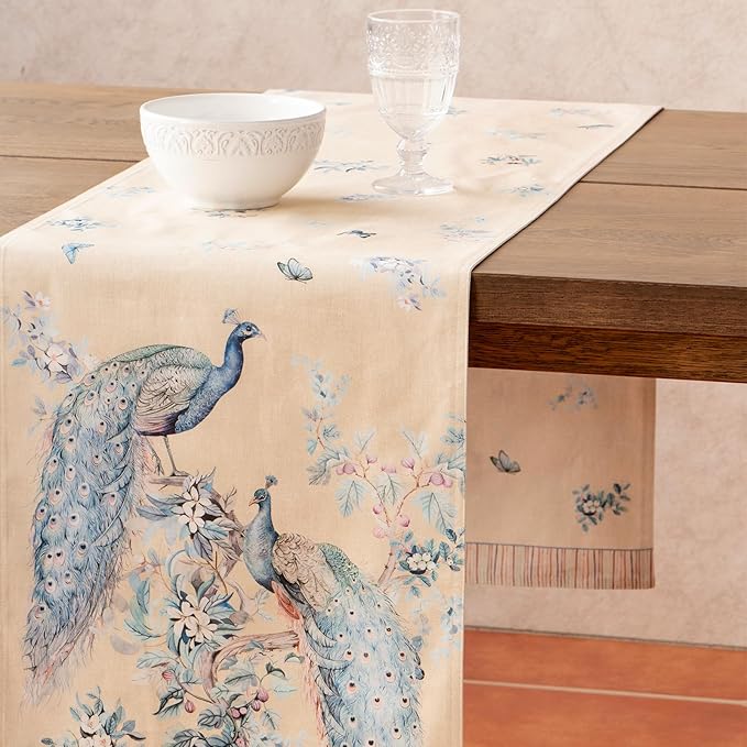 Maison d' Hermine Tablerunners 100% Combed Cotton Premium Table Runner Decorative Table Cover, Home, Kitchen, Dining, Peacock Utopia - Sandy Beach, Double Layer - (14.5"x108")