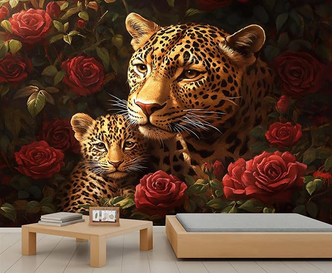 Jungle Rose Leopard Wall Mural, Big Cat Floral 3D Wall Murals, Wild Animal Leopard Wallpaper Mural, for Living Room Bedroom Large Wallpaper Indoor Decor 59" W x39.4 H