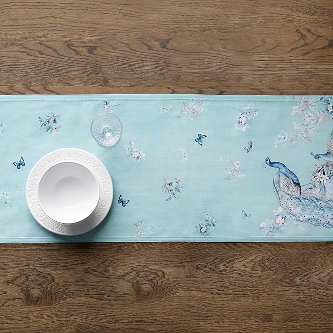 Maison d' Hermine Tablerunners 100% Combed Cotton Premium Table Runner Decorative Table Cover, Kitchen, Parties, Peacock Utopia - Pastel Turquoise, Double Layer - (14.5"x108")