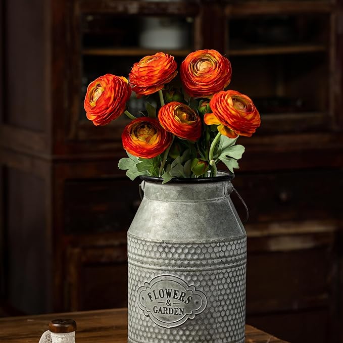 Orange Artificial Ranunculus Flowers with Real Touch Stem, Autumn Colour Ranunculus Flowers(10 Pack) (Orange)