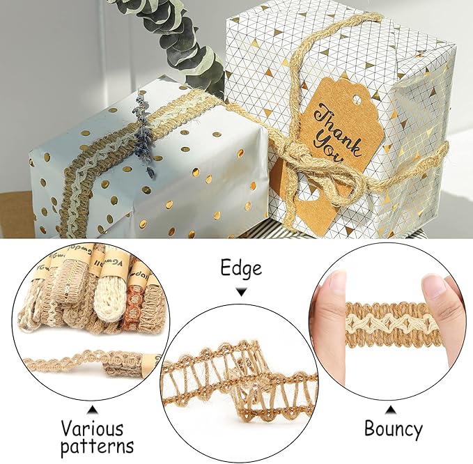 VGOODALL 9 Rolls Jute Ribbons Lace Craft Ribbon 18 Meters for Crafts Wraping Gifts Party Holiday and Rustic Wedding Decorations