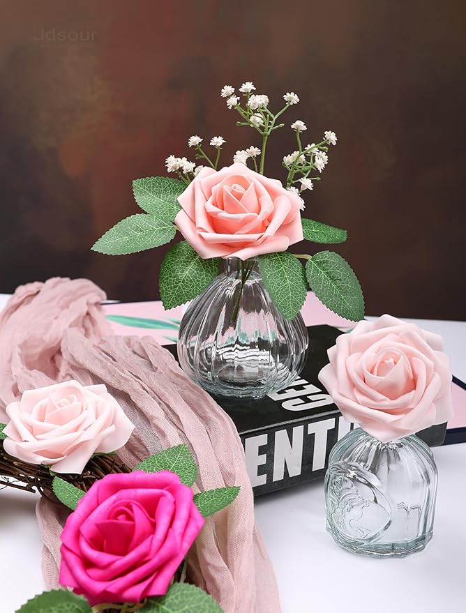 25pcs Artificial Flower，Real Looking Foam Roses w/Stem for DIY Wedding Bouquets Centerpieces Bridal Shower Party Decor-Shades of Hot Pink