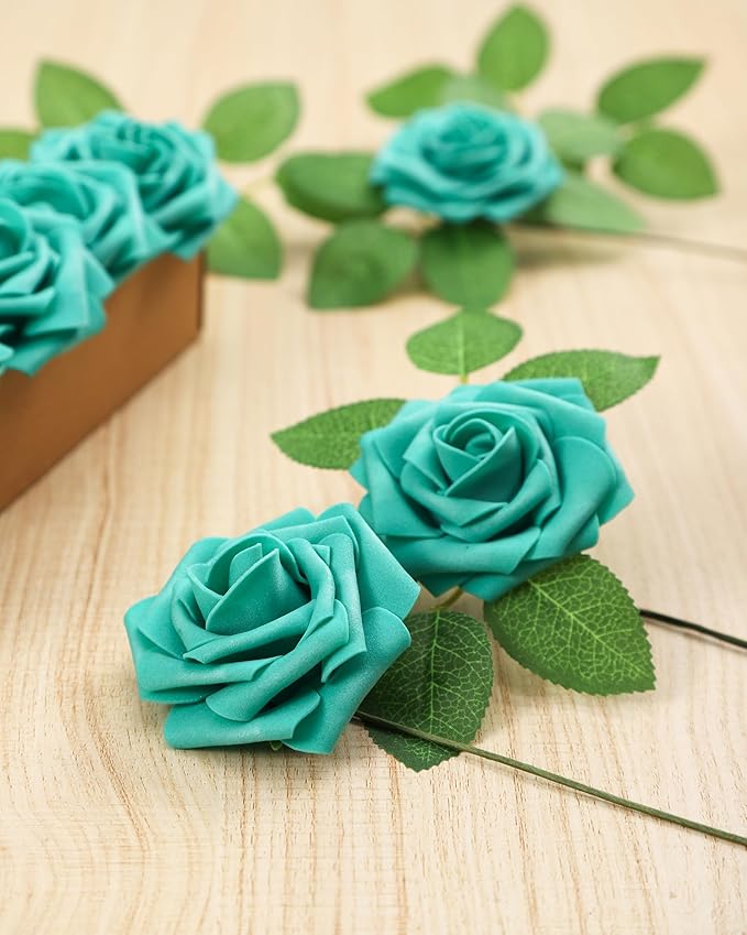 DuHouse Artificial Roses Flowers Fake Roses with Stems Real Touch Foam Flowers for DIY Wedding Bouquet Baby Shower Centerpiece Floral Arrangement Party Home Decor(Teal Blue-Green)