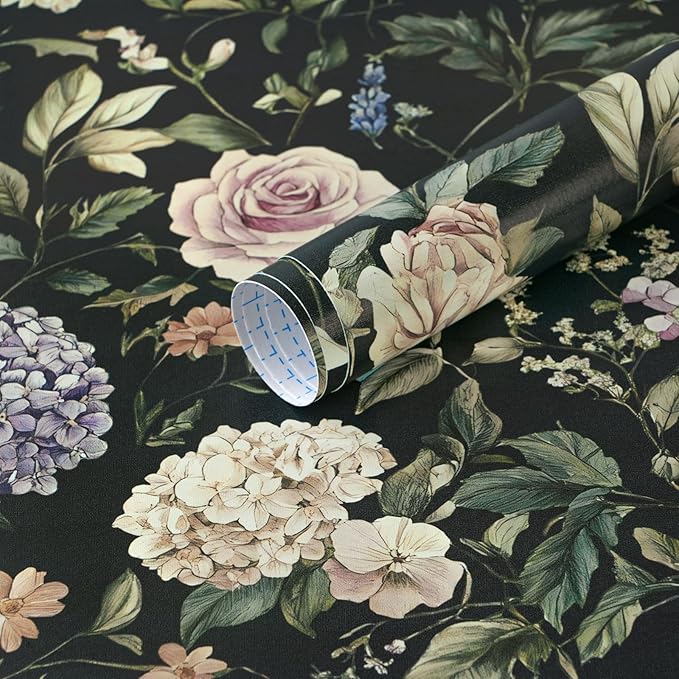 HeloHo Vintage Floral Peel and Stick Wallpaper 17.3"x393.7" Boho Contact Paper Dark Flower Self-Adhesive Removable Wallpaper Renter Friendly Botanical Wall Paper for Cabinets Bedroom Vinyl Rolls