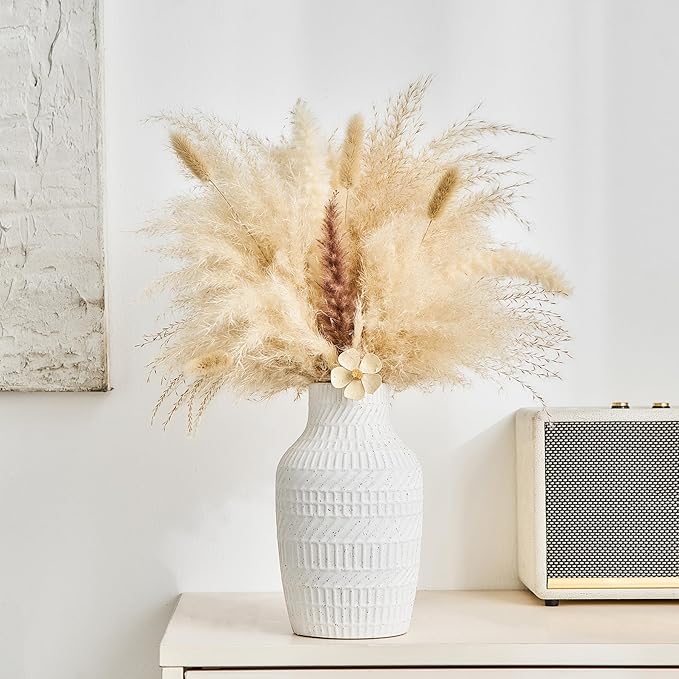 Modern White Ceramic Vase, Boho Flower Vases for Decor, 5.1" W x 8.7" H Modern Vase with Textured Pattern Table Centerpiece for Living Room Office Bedroom (Matte White Vase)