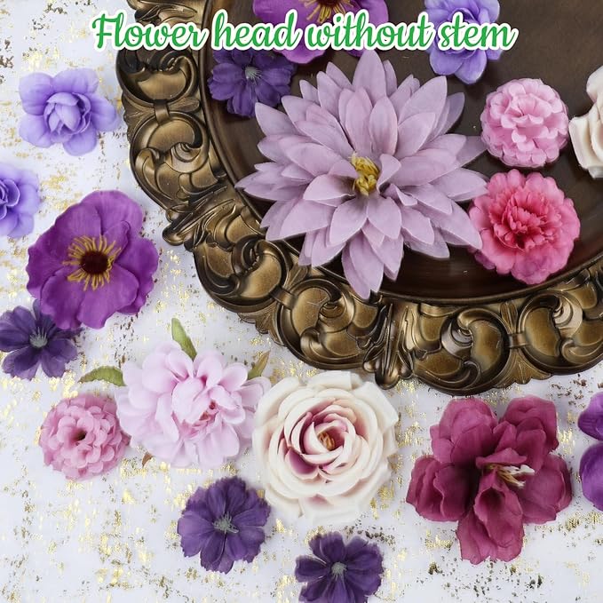 56 PCS Fake Flowers Heads Artificial Purple Silk Flower Heads Bulk Faux Mini Flowers for Cake Blossom Wreath Wedding Bridal Party DIY Home Decoration