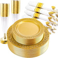DaYammi 210Pcs Solid Gold Disposable Plates with Silverware and Cups,Christmas Plastic Plates for Party Include: 30 Dinner Plate,30 Dessert Plate,30 Rolled Napkins with Cutlery,30 Cups for Wedding