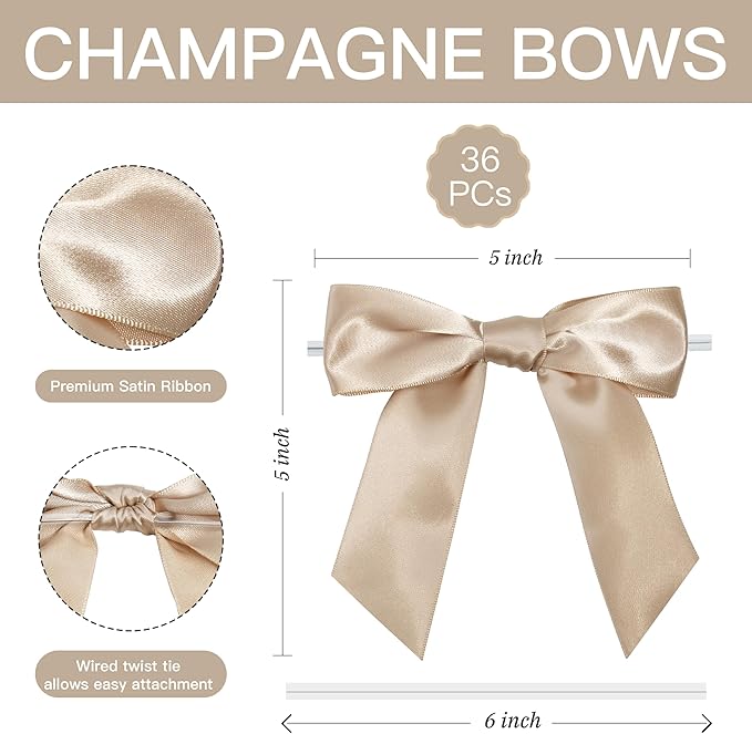 Champagne Satin Ribbon Twist Tie Bows 5 Inch Pre-Tied Champagne Gold Gift Bows for Crafts, Treat Bags, Party Favors, Wedding, Baby Shower, Candy Apple, Christmas Tree (36 Pack)