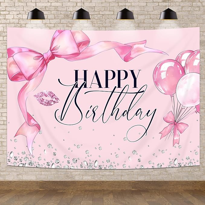Pink Bow Happy Birthday Backdrop 7Wx5H Photography Bowknot Balloons Coquette Birthday Lips Diamond Balloons Background Woman Bachelorette Party Decorations Banner Photo Booth Props Supplies