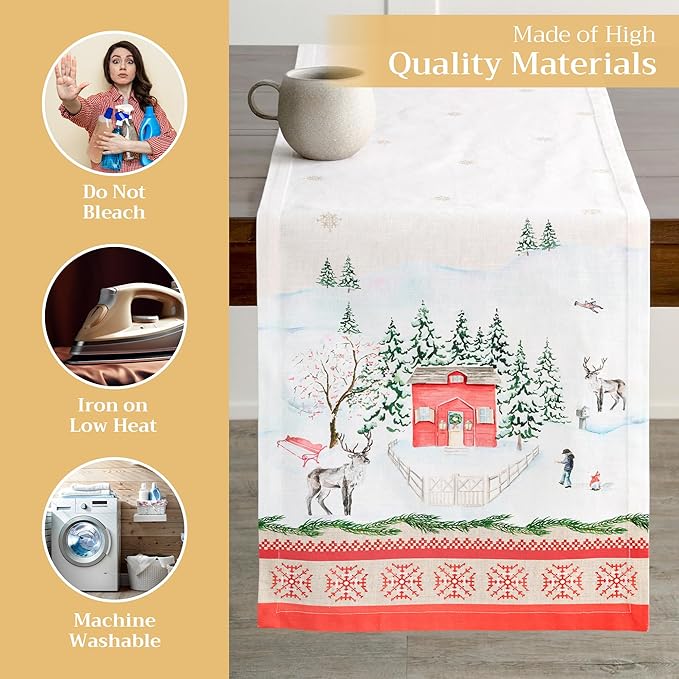Maison d' Hermine Table Runner 100% Cotton Single Layer Table Runners 72 inches Long for Thanksgiving Christmas Decorations Home Kitchen Dining Party Wedding (Rural Christmas, 14.5" x 72")