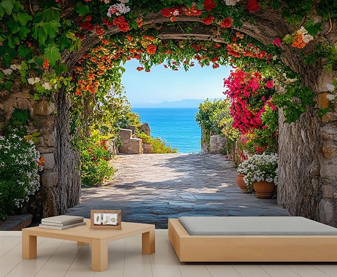 Mediterranean Arch Seaside Wall Mural, Flower Tunnel Ocean View 3D Wall Murals, Greek Island Style Wallpaper Mural, for Living Room Bedroom Large Wallpaper Indoor Decor 118" W x 82.6 "H