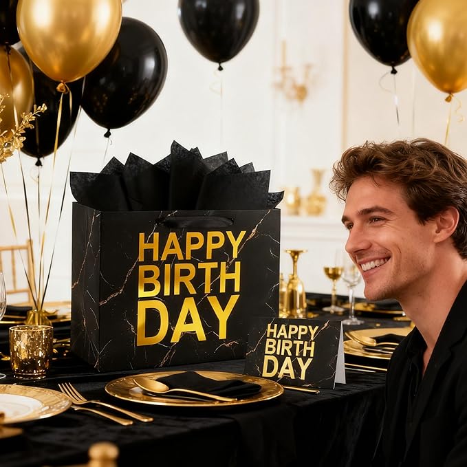ASYEHJNR 13" Large Size Black Gold Birthday Gift Bag Marble with Metallic Gold Happy Birthday Sign Gift Bag with Greeting Card and Tissue Paper for Boy Men Bday Supplies