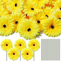 100 Pcs Flowers Long Stem Artificial Daisy, 4 Inches Silk Gerbera Head Flowers Fake for Wedding Bridal Bouquet Home Floral DIY Day of The Dead Tables Centerpieces Party Decoration (Yellow)