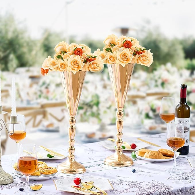VEVOR 10PCS 43cm/16.9” Tall Wedding Flower Vase, Metal Wedding Trumpet Centerpiece, Gold Floral Stand Display Rack for Tables Wedding Dinner Party, Anniversary Ceremony Birthday Event Decor