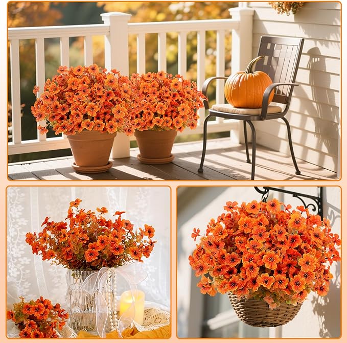 Fall Artificial Flowers for Outdoors Fake Mums for Outside 12 Bundles Faux Silk Orange Dasiy Flower Look Real UV Resistant No Fade Faux Fall Flowers for Front Door Porch Autumn Decoration