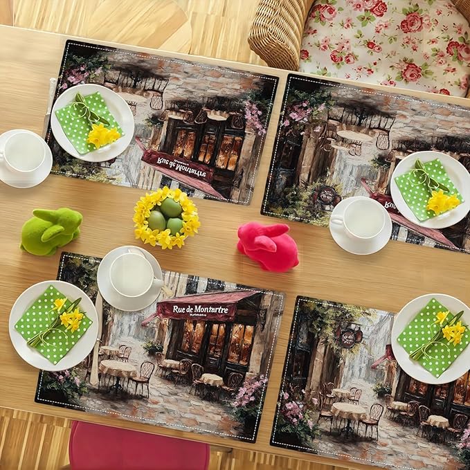 Street Scene Placemats Set of 6, Italian Place Mats, Rustic Street Stone Rock Houses in Italy City Dining Table Mats, Washable Placemats for Kitchen Dining Room 18L'' × 12W''