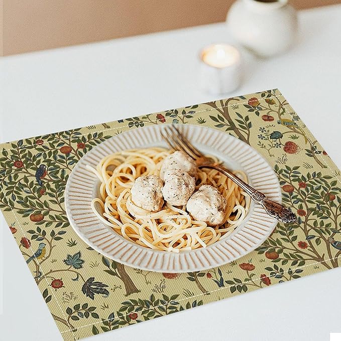 Vintage Trees Placemats Set of 6, William Morris Retro Boho Botanical Plant Birds Place Mats, Heat Resistant Non Slip Cotton Linen Dining Table Mats for Home Kitchen Party 18x12 Inch