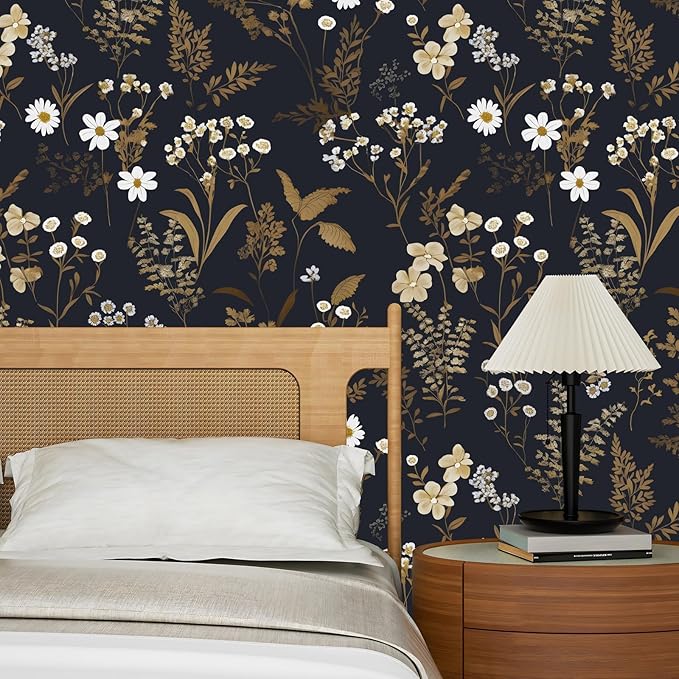 Dark Floral Wallpaper Peel and Stick 17.5in x 118in Navy Gold Leaf Wallpaper Vinyl Waterproof Self-Adhesive Boho Dark Blue Botanical Wall Paper Mural for Bookcase Bedroom Cabinet Decor