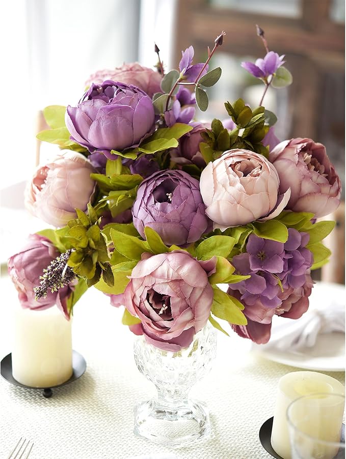 FiveSeasonStuff Rosy Brown and Purply Magenta Vintage Artificial Peonies Silk Flowers and Hydrangeas for Wedding Bridal Home Decor – Beautiful Floral Centerpiece Bouquet (Rustic Harmony)