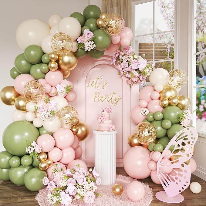 Avocado Green Pink Balloon Arch Kit, 146Pcs Pastel Pink White Sand Retro Avocado Green Gold Confetti Balloons for Baby Bridal Shower Wedding Engagement Birthday Party Decorations
