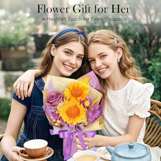Preserved Sunflower Bouquet - Forever Flowers for Delivery, Purple Rose That Last 3 Years, Eternal flowers Bouquet for Her Mother Mom Wife Friends Birthday Sunflower Gifts for Women