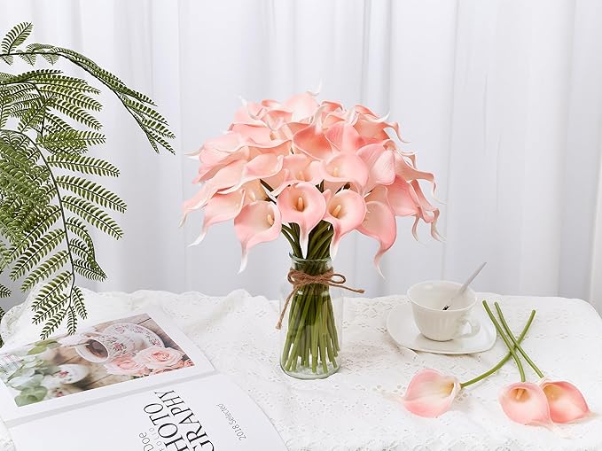 24 Pcs Pink Artificial Calla Lily Flowers Fake Pink Silk Flowers Real Touch for Wedding Bouquet Office Home Kitchen Decor