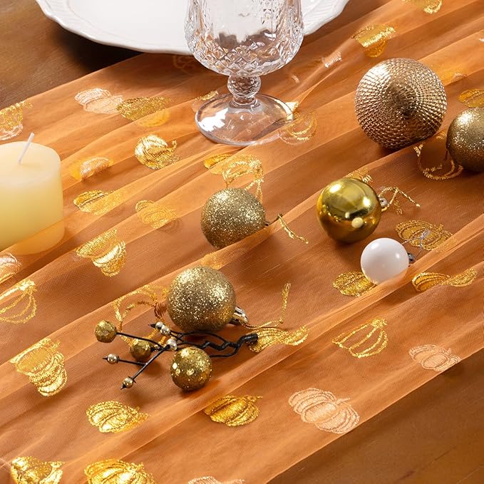 Socomi Gold Table Runner Fall Pumpkin Gauze Sheer Chiffon Cheesecloth Sequin 10FT Glitter Metallic Foil Dining Wedding Birthday Party Baby Shower Holiday Centerpiece Table Decor 3pcs Orange