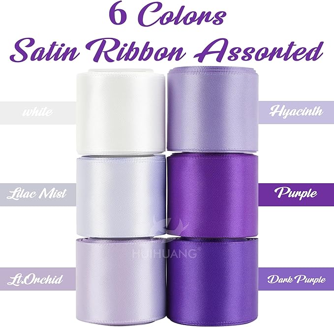 HUIHUANG Purple Ribbon 1-1/2 inch Lilac Purple and White Satin Ribbon Assorted for Flower Bouquet, Gift Wrapping, Bows, Crafts, Eternal Flowers, Bridal Shower Wedding Decor- 6 Rolls, Total 30 Yards