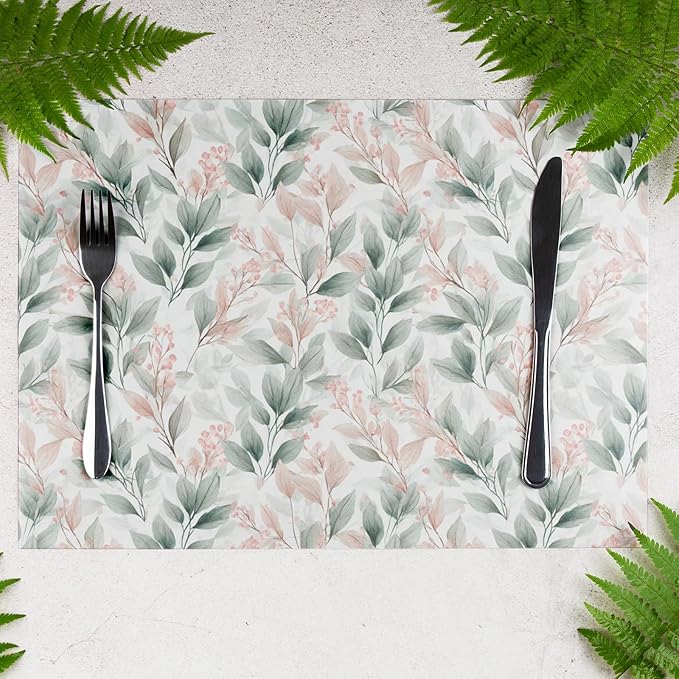 Linen Fabric Watercolor Botanical Placemats Set of 4 - Non-Slip Table Mats for Dining, Elegant Pink Berries & Green Leaves Design, Heat-Resistant Kitchen Decor, Farmhouse & Modern Home Décor