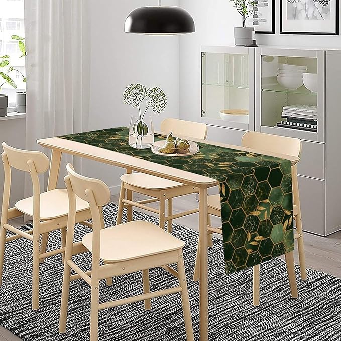 Hunter Green Marble Table Runner Abstract Dark Emerald Green Marble Hexagon Texture Golden Leaves Dinner Runner Table Decoration for Home Kitchen Dining Holiday Party 13x108in