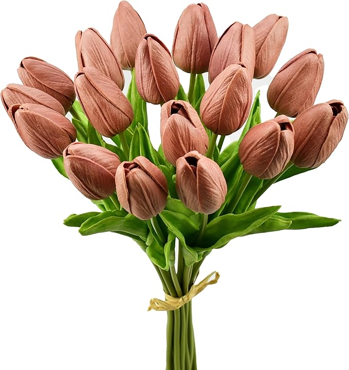 Mandy's Artificial Tulips 20 Stems Mauve PU Faux Flowers for Thanksgiving and Christmas Decorations Wedding Home Decor 13.5 Inch