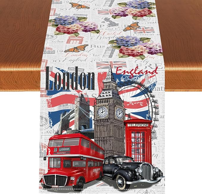 British Table Runner, Seasonal Vintage Floral England London Culture Element Coffee Table Center Decor for Home Kitchen Dining Patio Holiday Party Table Decorations 13x36 inches