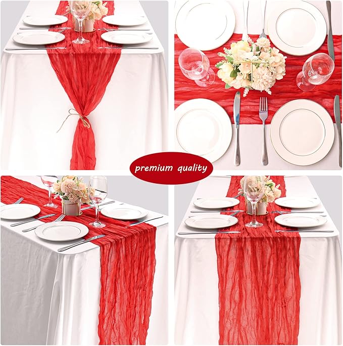 12 Pack Cheesecloth Table Runner 35x72 Inch Boho Gauze Table Runner Rustic Cheese Cloth Long Romantic Table Runners for Wedding Bridal Shower Birthday Party Table Decor (Red)