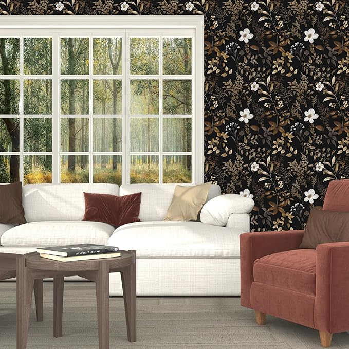 Black Floral Wallpaper Peel and Stick Boho Wallpapers 17.5" x 118" Gold Leaf Contact Paper for Cabinets Waterproof Self Adhesive Removable Wall Paper for Kitchen Table Countertop Walls