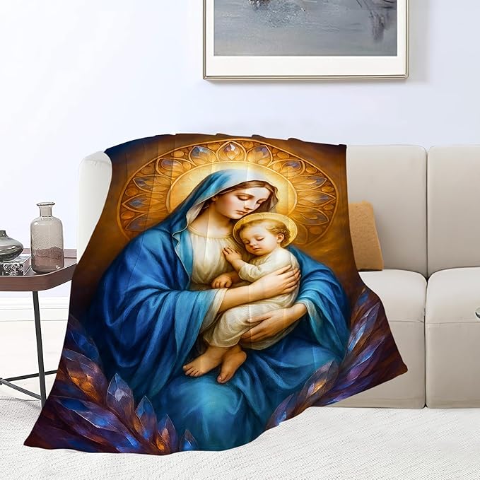 Virgin Mary Blanket Mother of God Throw Blanket Catholic Religious Soft Cozy Fleece Fuzzy Christian Stuffed Plush God Faith Flannel Gifts for Girls Women Boys Kids Adults 50"X60"