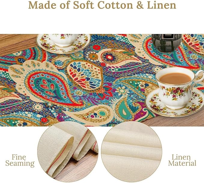 Boho Paisley Table Runner, Colorful Indian Mandala Floral Golden Aeccent Bohemian Style Table Runnner for Kitchen Dining Holiday Party Decoration, 13x70 Inch